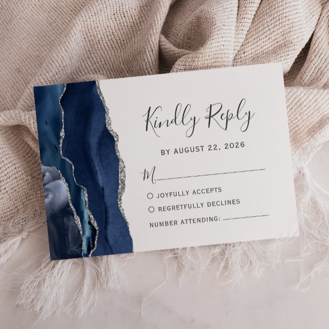 Cartons Réponse Mariage Moderne Bleu Nuit Agate Argent (Créateur téléchargé)