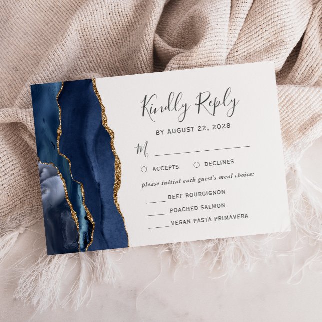 Cartons Réponse Mariage Moderne Bleu Nuit Or Agate Choix de Repas (Créateur téléchargé)