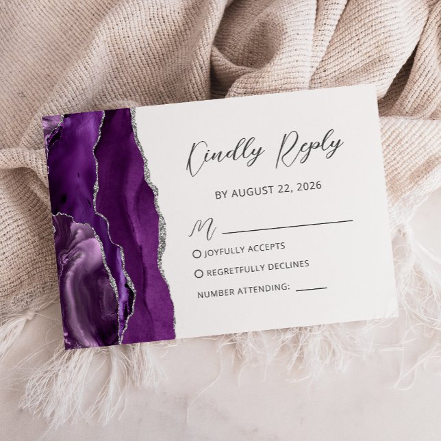 Cartons Réponse Mariage Moderne Écriture Manuscrit Argent Violet (Créateur téléchargé)