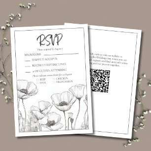 Cartons Réponse Mariage moderne Elégant Black White Floral Poppies