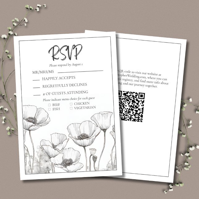 Cartons Réponse Mariage moderne Elégant Black White Floral Poppies (White Poppies Wedding RSVP Card with Menu Choices.
)