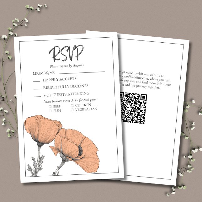 Cartons Réponse Mariage moderne Elégant Peach Floral Poppies (Peach Wedding RSVP Card with Poppies, Guest Response, Meal Selections, and Modern Typography.)