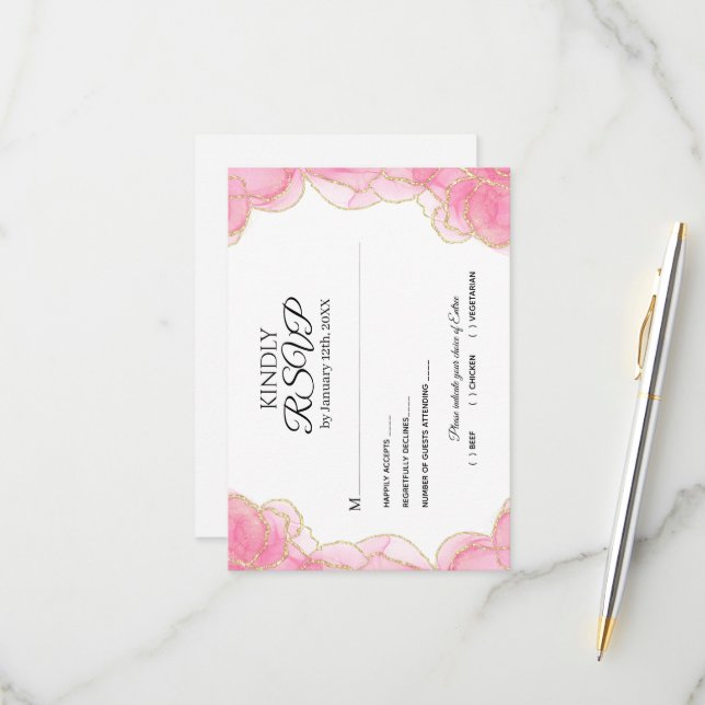 Cartons Réponse Mariage moderne élégant rose et or (Devant/Arrière en situation)