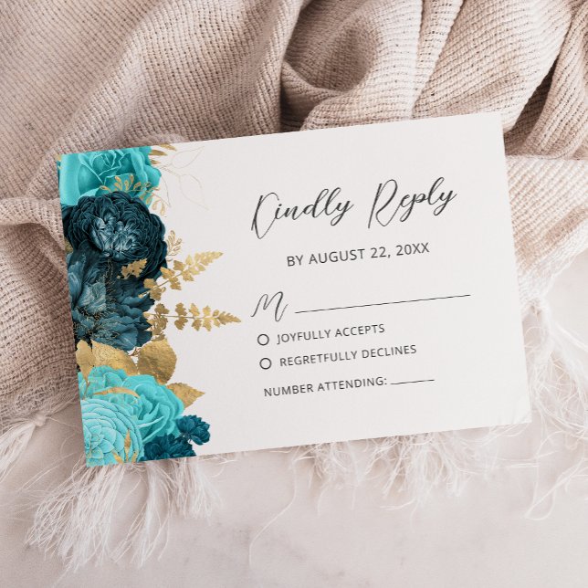 Cartons Réponse Mariage Moderne Floral Doré Aqua Sarcelle Script (Créateur téléchargé)