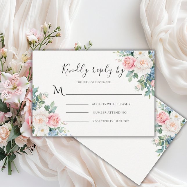 Cartons Réponse Mariage Moderne Floral Rose & Bleu (Créateur téléchargé)