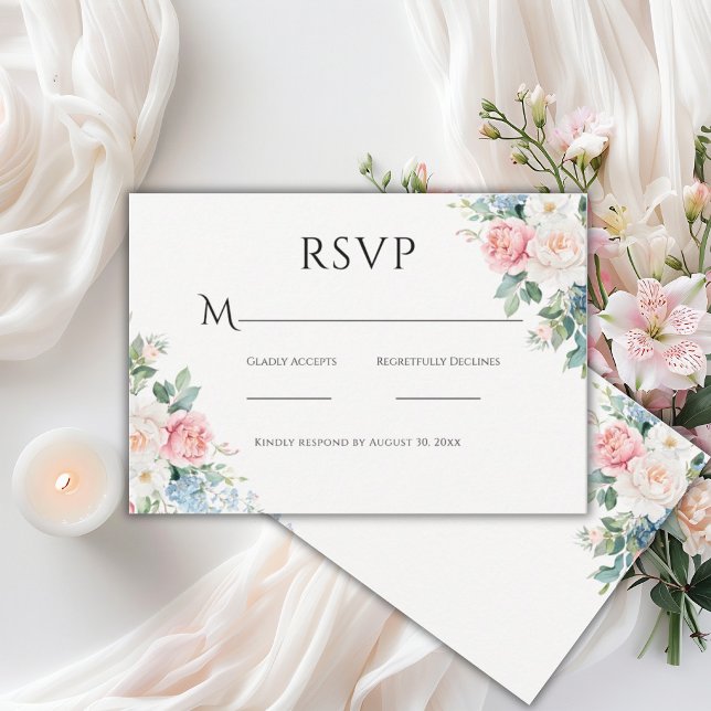 Cartons Réponse Mariage Moderne Floral Simple Rose & Bleu (Créateur téléchargé)