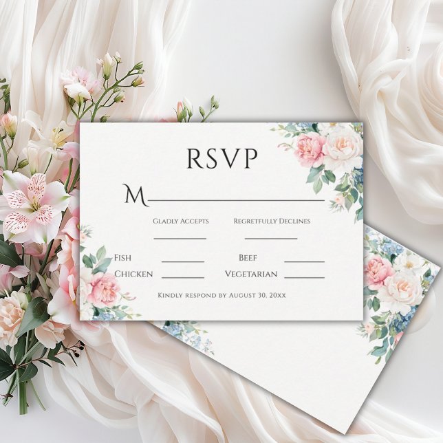 Cartons Réponse Mariage Moderne Floral Simple Rose & Bleu (Créateur téléchargé)