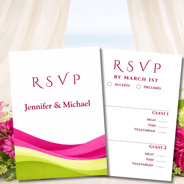Cartons Réponse Mariage Moderne Fuchsia et Vert Citron (Fuchsia and Lime Green Modern Wedding  RSVP Card)