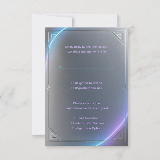 Cartons Réponse Mariage Moderne Néon Électrique Violet Gris Bleu (Devant)