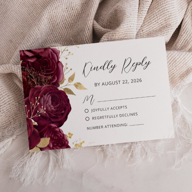Cartons Réponse Mariage Moderne Script Floral Or Bourgogne (Créateur téléchargé)