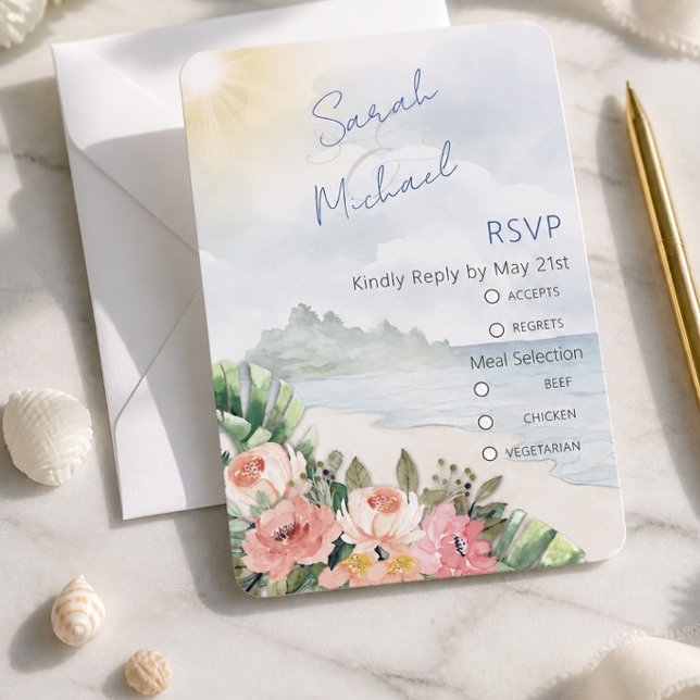 Cartons Réponse Mariage Moderne sur la Plage avec des Fleurs (Créateur téléchargé)
