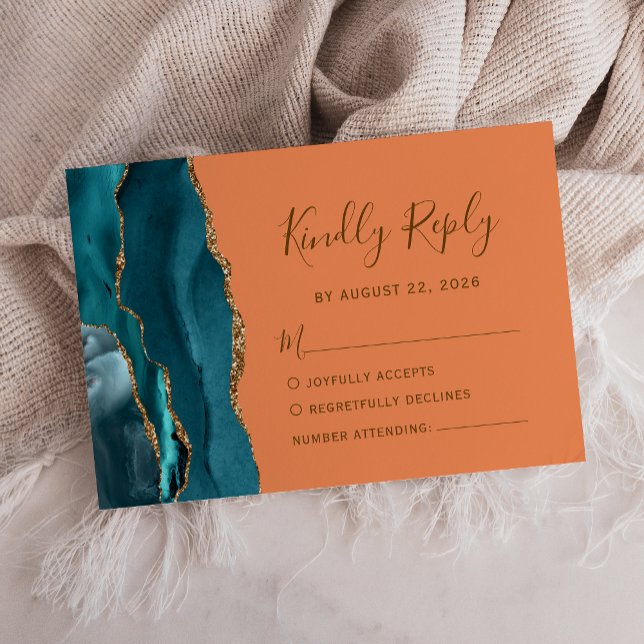Cartons Réponse Mariage Moderne Teal Or Agate Tangerine (Créateur téléchargé)