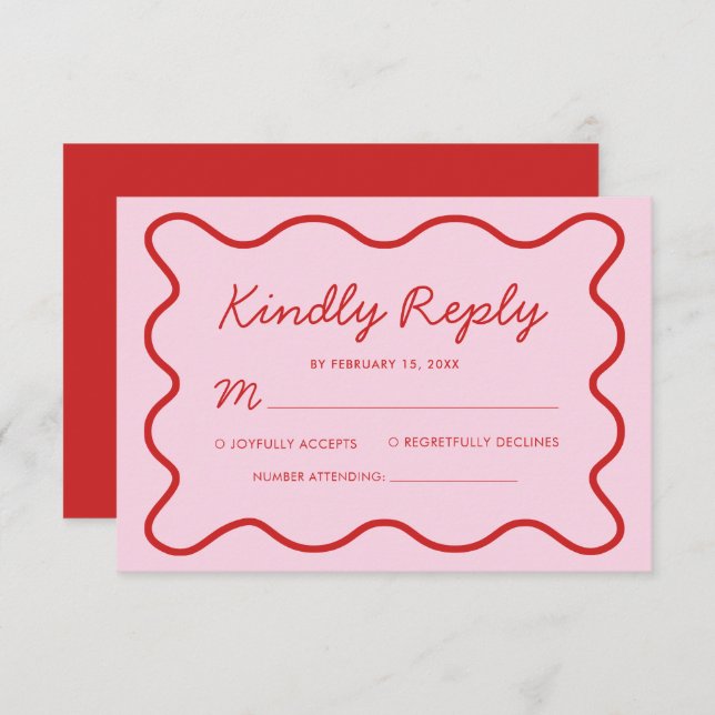 Cartons Réponse Mariage moderne Wavy rose et rouge Retro Squiggle (Devant / Derrière)