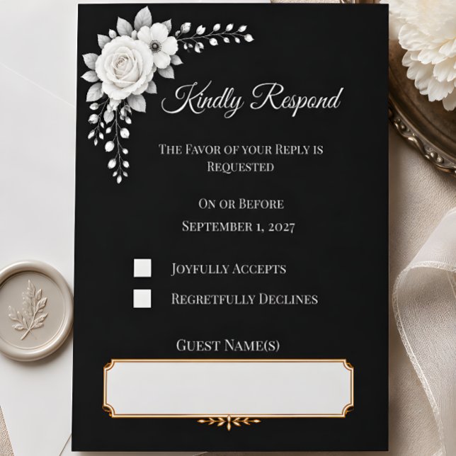 Cartons Réponse Mariage monochrome de luxe  (This mockup image of the RSVP card has been created using AI technology)