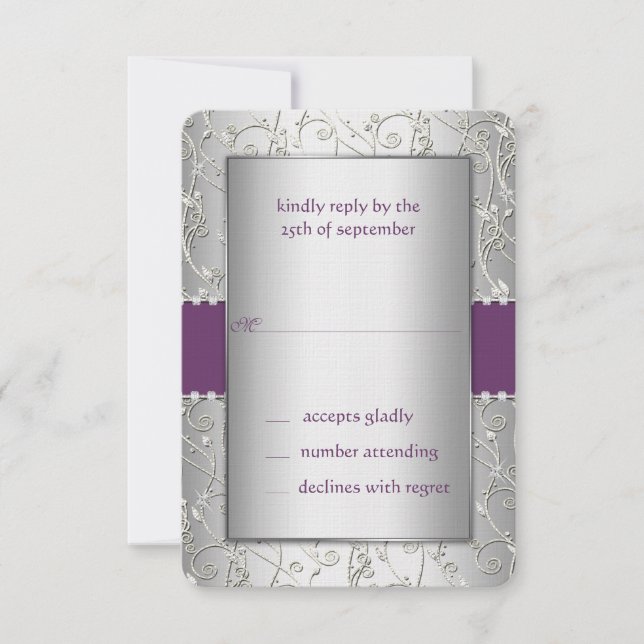 Cartons Réponse Mariage Monogram Purple et Silver Swirl (Devant)
