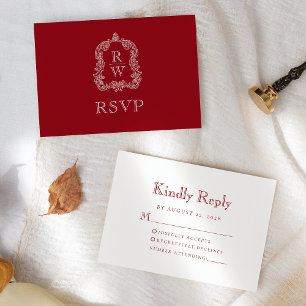 Cartons Réponse Mariage Monogramme Cranberry Rouge Crête
