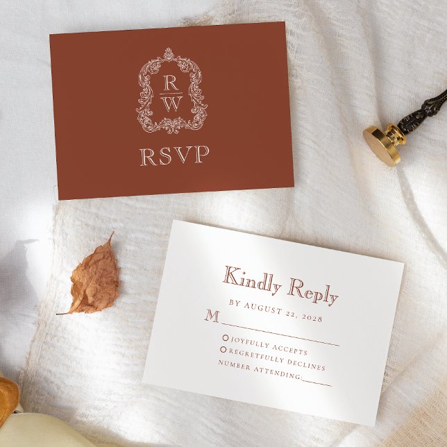 Cartons Réponse Mariage Monogramme Crest Terracotta (Créateur téléchargé)