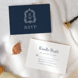 Cartons Réponse Mariage Monogramme Crête Bleu Nuit