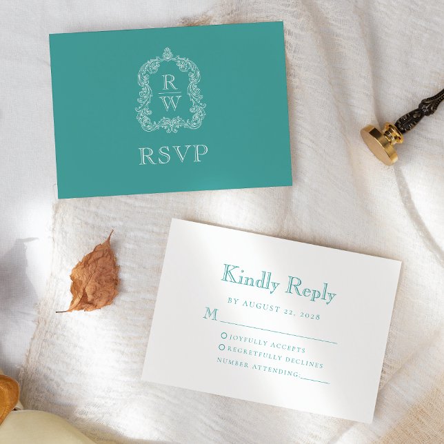 Cartons Réponse Mariage Monogramme Crête Turquoise (Créateur téléchargé)