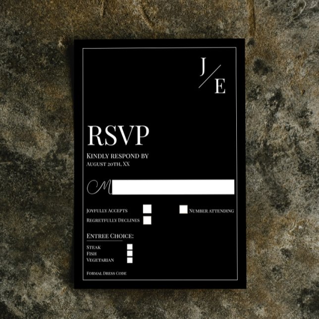 Cartons Réponse Mariage monogramme minimal | Noir (Black Minimalist Monogram Wedding RSVP Card)