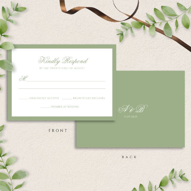 Cartons Réponse Mariage Monogramme Script Bordure Vert Sauge Class (Créateur téléchargé)
