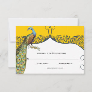 Cartons Réponse Mariage motif oiseau de l'amour Navy et Moutarde P