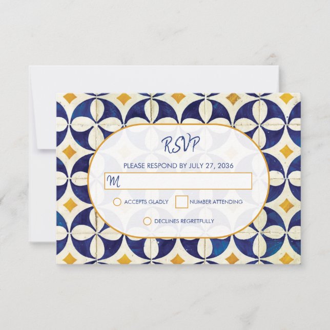 Cartons Réponse Mariage Motif vintage bleu et jaune portugais (Devant)