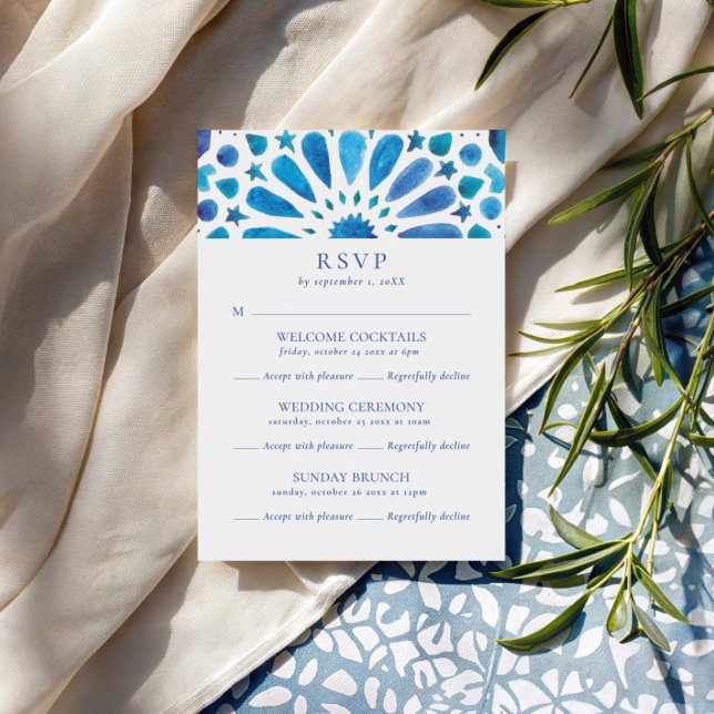 Cartons Réponse Mariage Multi-Événements avec Carreaux Bleus Maroc (Créateur téléchargé)