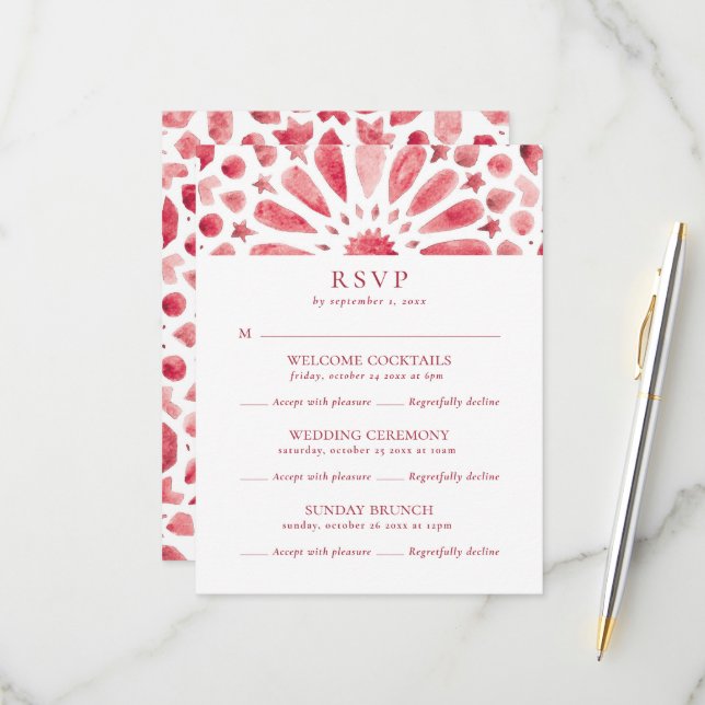 Cartons Réponse Mariage multiple événements motif rouge marocain (Devant/Arrière en situation)