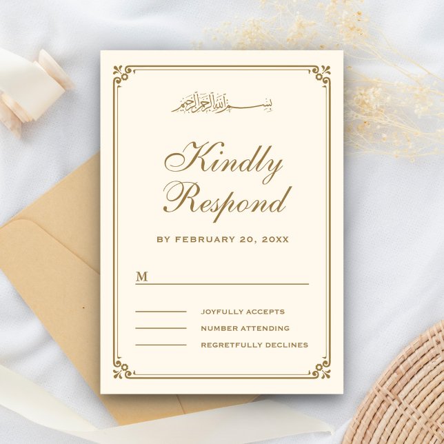Cartons Réponse Mariage musulman avec bordure crème et or (Créateur téléchargé)