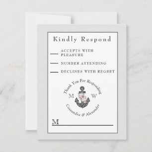 Cartons Réponse Mariage nautique Ancre florale gris argenté blanc
