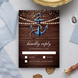 Cartons Réponse Mariage Nautique en Bois Rustique Bleu Marine