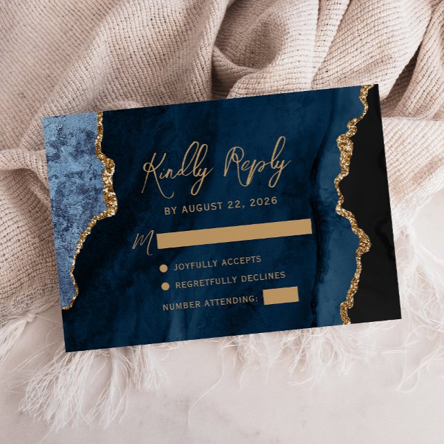 Cartons Réponse Mariage Navy Blue Agate Or Script (Créateur téléchargé)