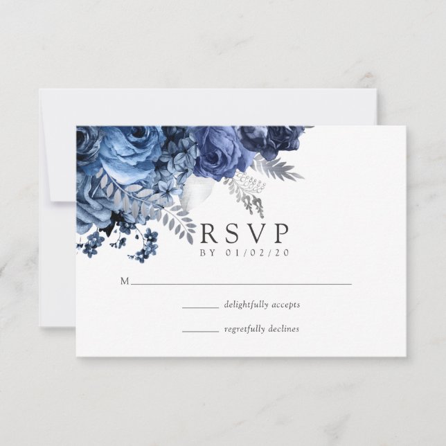 Cartons Réponse Mariage Navy et Blanc avec Feuille d'Argent (Devant)