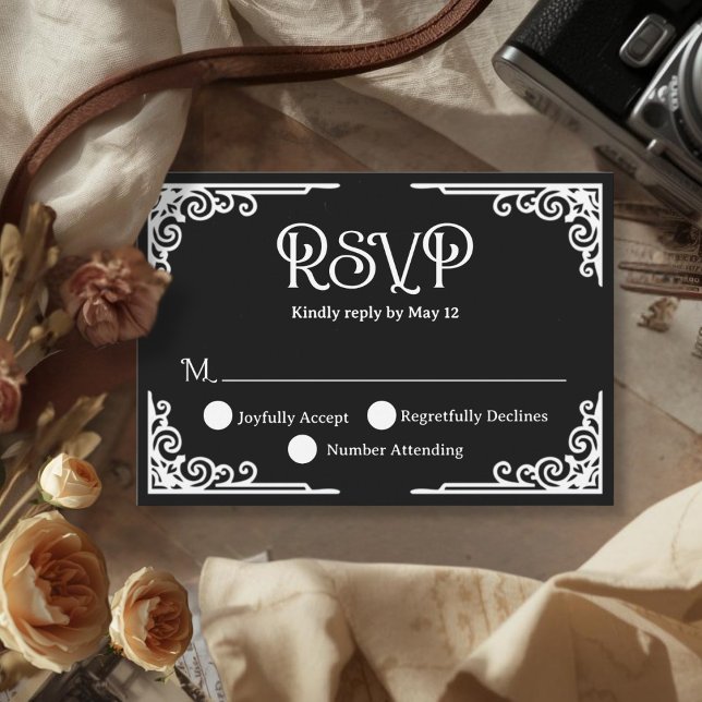 Cartons Réponse Mariage Noir Blanc Vintage  (Cinematic Vintage White Black Wedding RSVP Card)