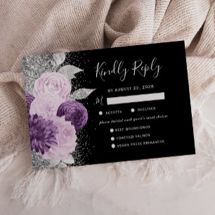 Cartons Réponse Mariage noir choix de repas argent violet floral