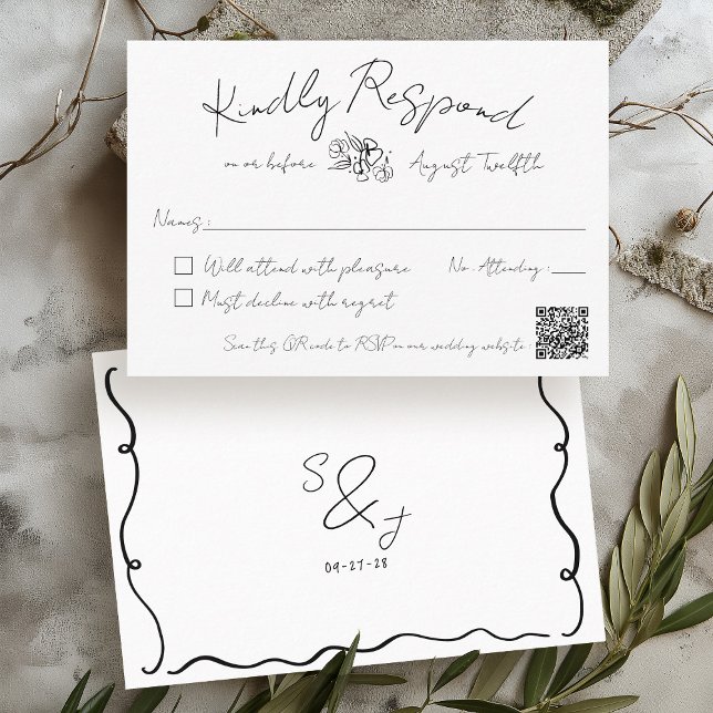 Cartons Réponse Mariage noir et blanc à la main tiré (Modern trendy black & white minimalist hand drawn handwritten monogram QR code wedding RSVP card)