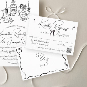 Cartons Réponse Mariage noir et blanc à main rétro