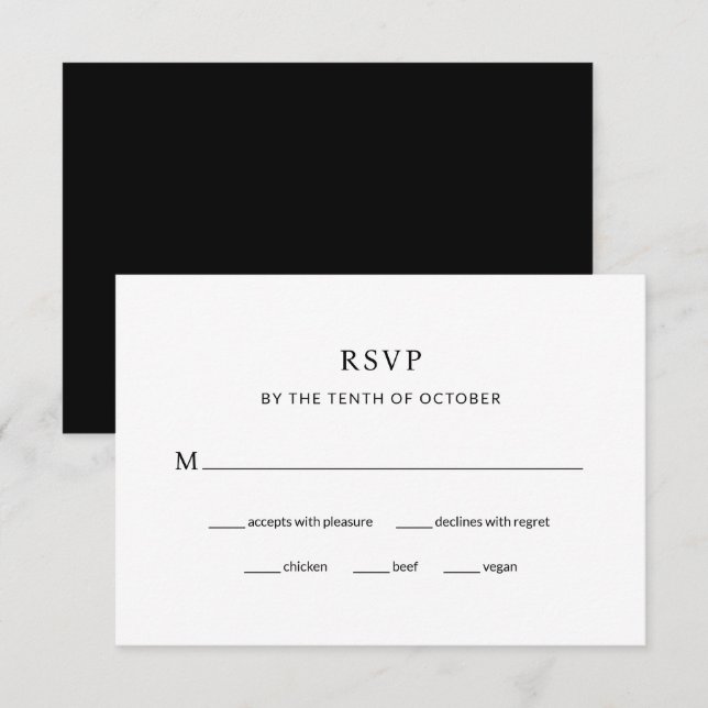 Cartons Réponse Mariage noir moderne | Choix de repas (Devant / Derrière)