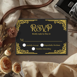 Cartons Réponse Mariage Noir Or Vintage 