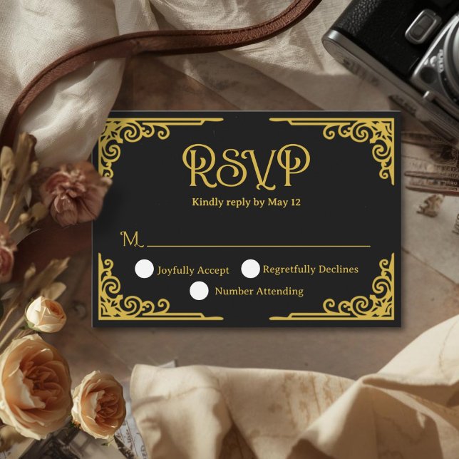 Cartons Réponse Mariage Noir Or Vintage  (Cinematic Vintage Gold Black Wedding RSVP Card)