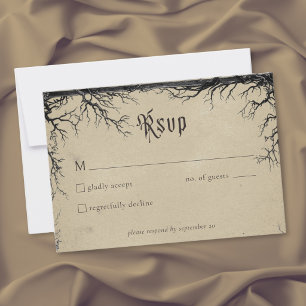 Cartons Réponse Mariage noir tanné gravure d'arbre corbeau gothiqu