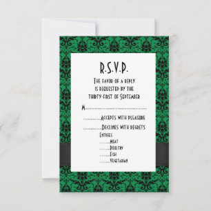 Cartons Réponse Mariage officiel noir et vert damassé R.S.V.P