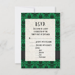 Cartons Réponse Mariage officiel noir et vert damassé R.S.V.P