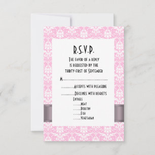 Cartons Réponse Mariage officiel R.S.V.P. rose et blanc damassé