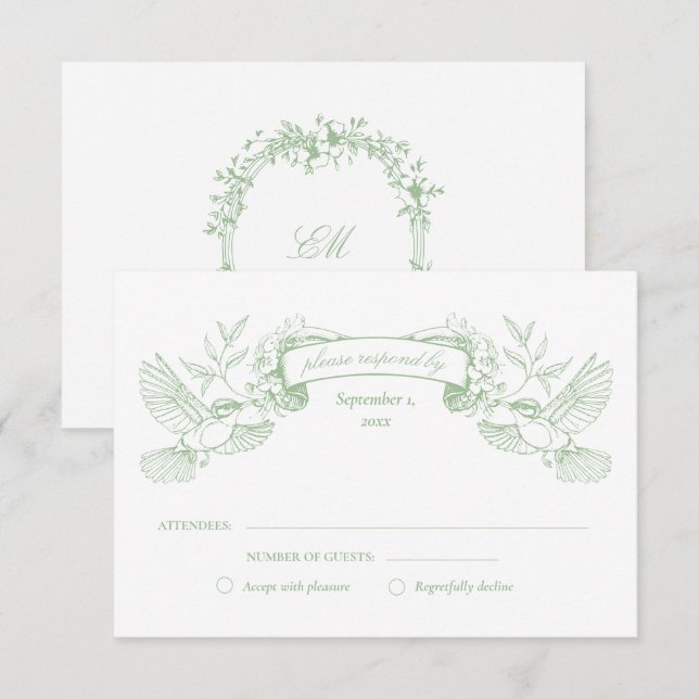 Cartons Réponse Mariage Oiseaux Toile Vert Sauge (Devant / Derrière)