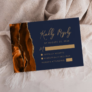 Cartons Réponse Mariage Orange Brûlé Agate Or Script Bleu Nuit