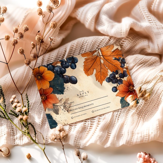 Cartons Réponse Mariage Orange Brûlé et Baies Navy (Créateur téléchargé)