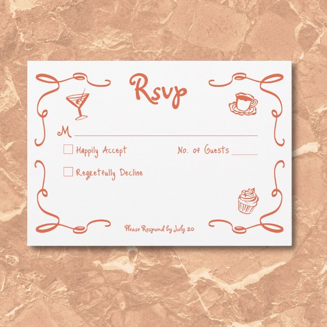 Cartons Réponse Mariage orangé de Sunset Retro Whimsical (Whimsical Retro Hand Drawn Sunset Orange Wedding RSVP Card)