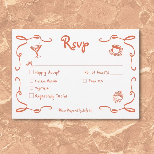 Cartons Réponse Mariage orangé de Sunset Retro Whimsical (Whimsical Retro Hand Drawn Sunset Orange Wedding RSVP Card)